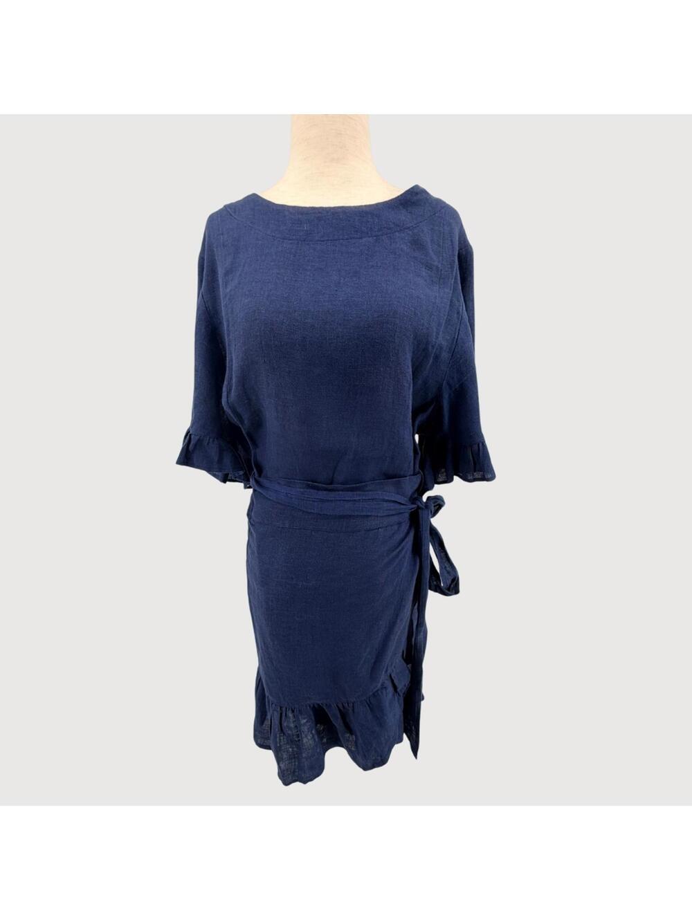 Shanty Linen Wrap Dress Navy Ruffle Hem Medium Coastal